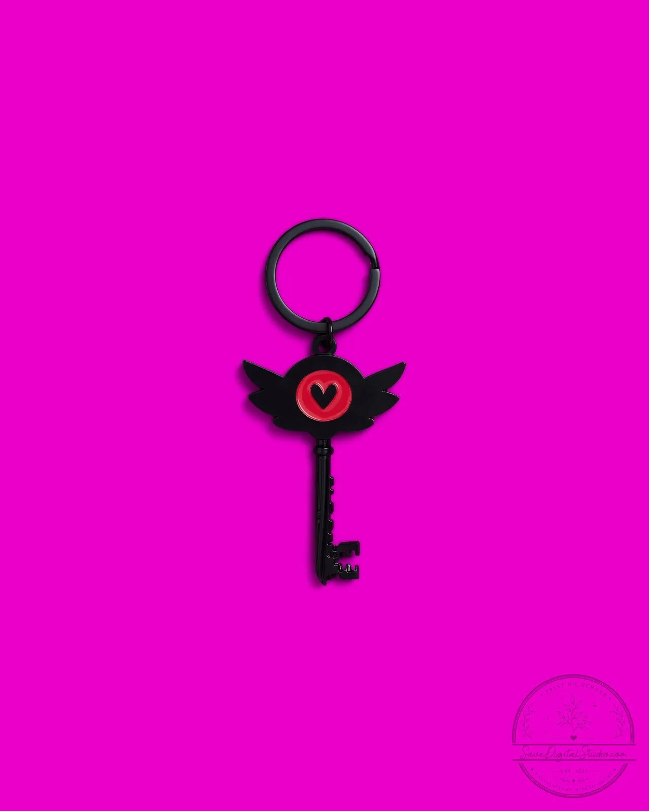 Black Key with Red Heart and Wings Design Metal Keychain