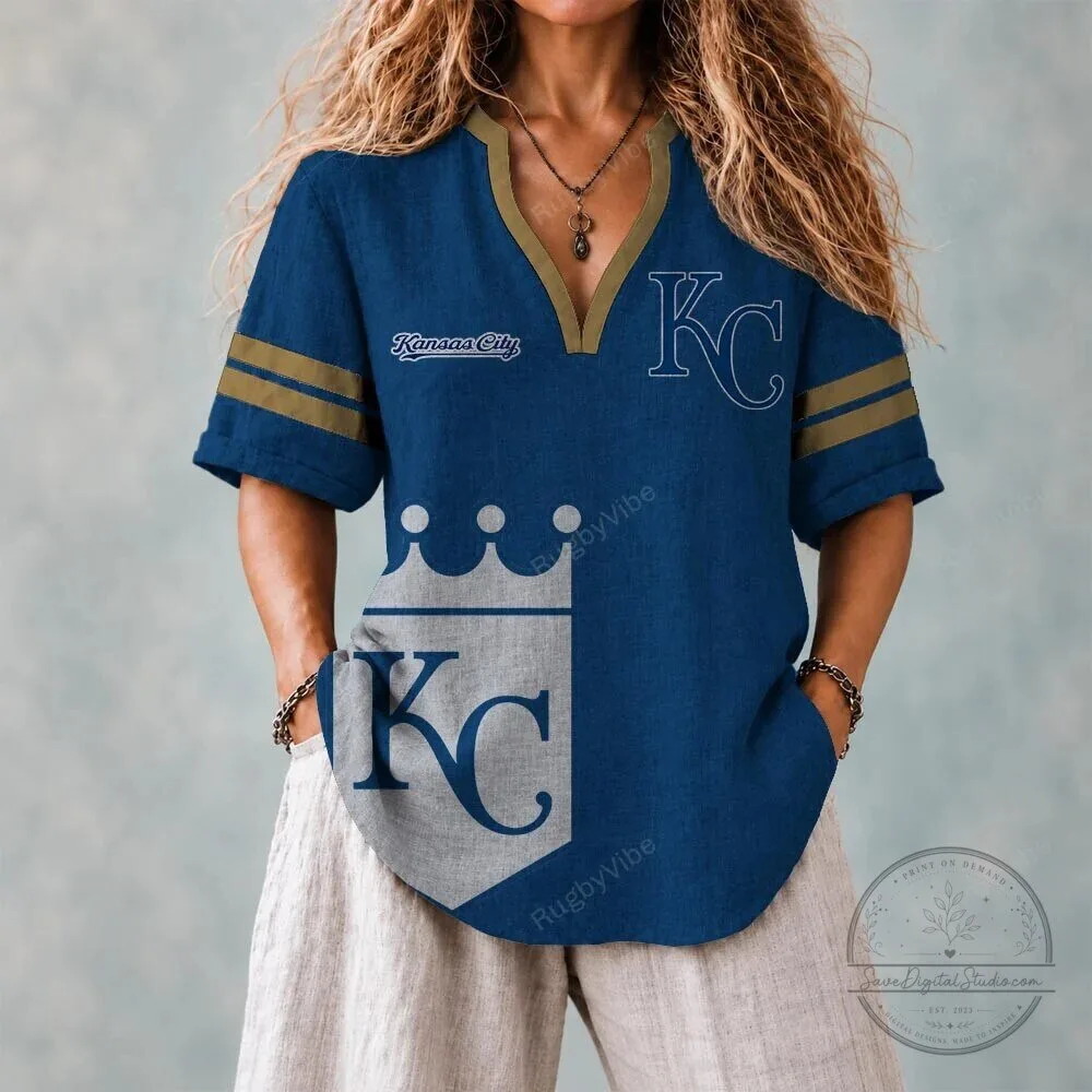 Kansas City Royals Baseball Team Logo V-Neck Short Sleeve T-Shirt 1 Kansas City Royals Baseball Team Logo V-Neck Short Sleeve T-Shirt
