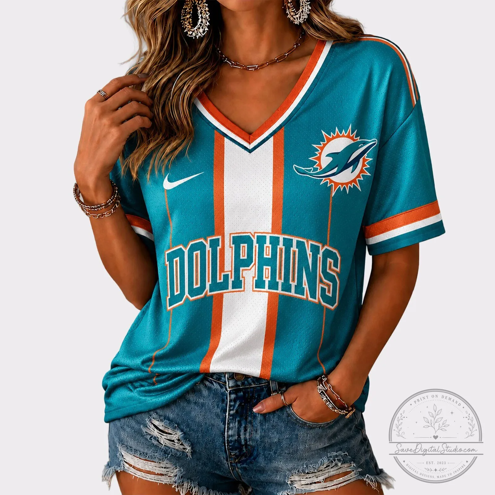 Miami Dolphins Women's Football Fan V-Neck Game Day Jersey 1 Miami Dolphins Women