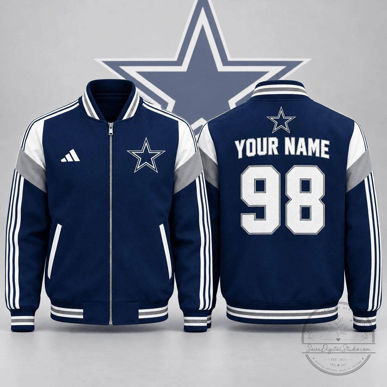 Dallas Cowboys NFL Team Logo Custom Name Number Full Zip Varsity Jacket