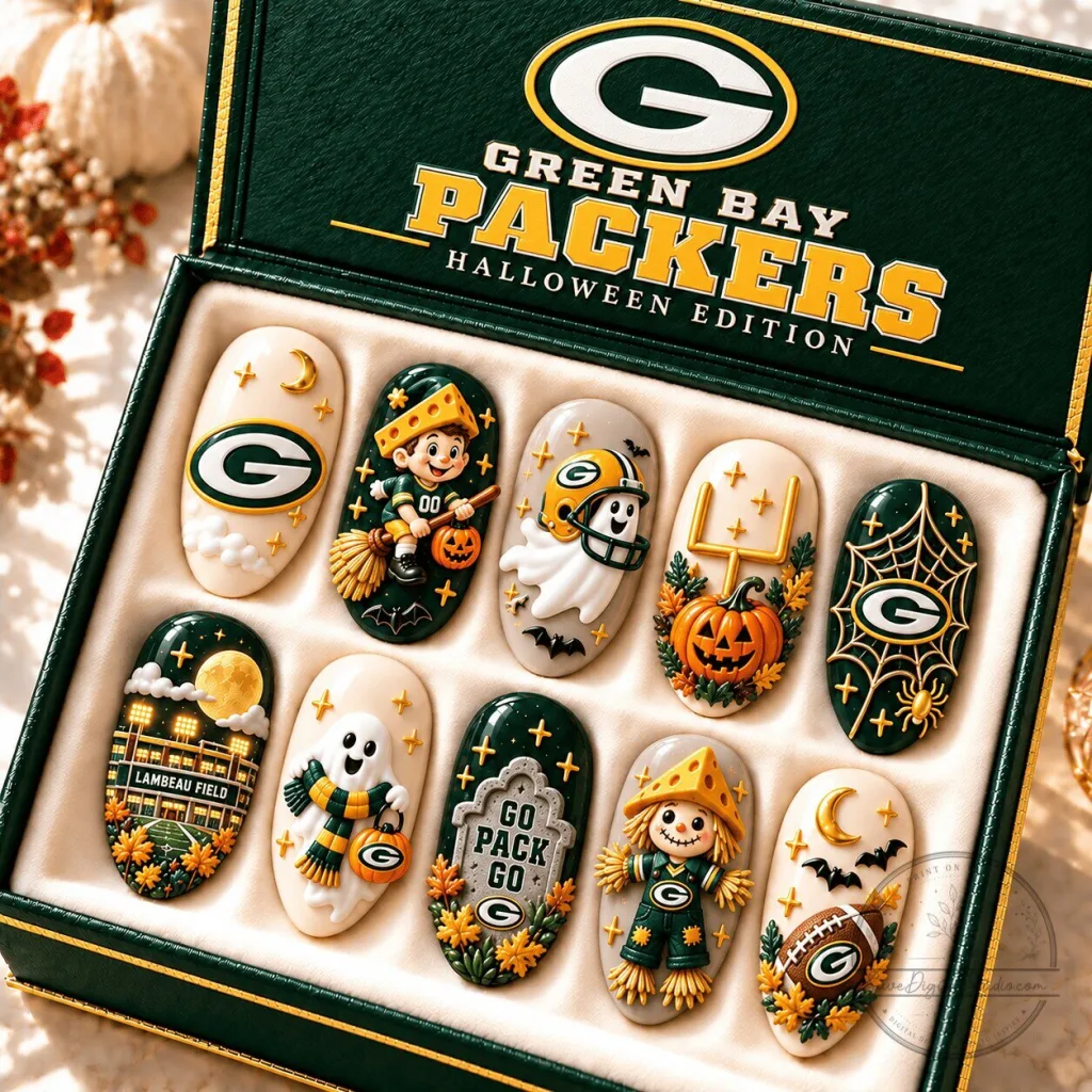Green Bay Packers Halloween Edition Press On Nails Set Green Bay Packers Halloween Edition Press On Nails Set