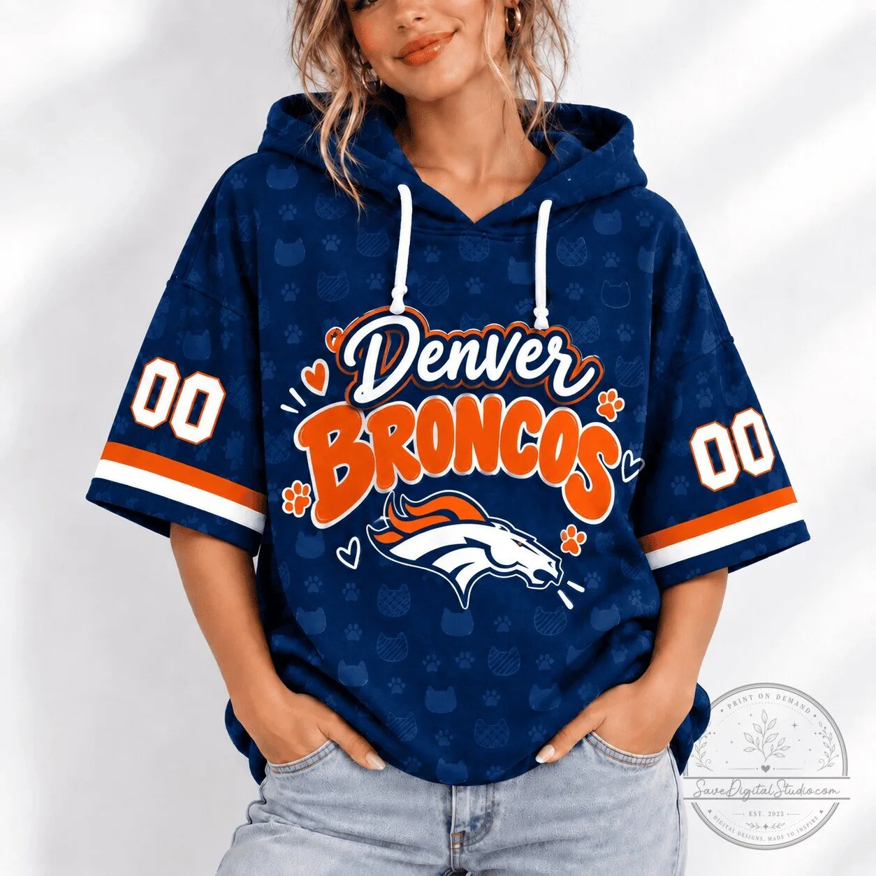 Women's Short Sleeve Hoodie featuring the Denver Broncos Football Team