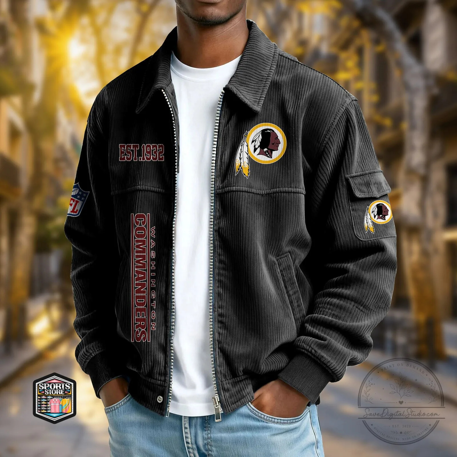 Washington Commanders Football Team Black Corduroy Jacket 1 Washington Commanders Football Team Black Corduroy Jacket