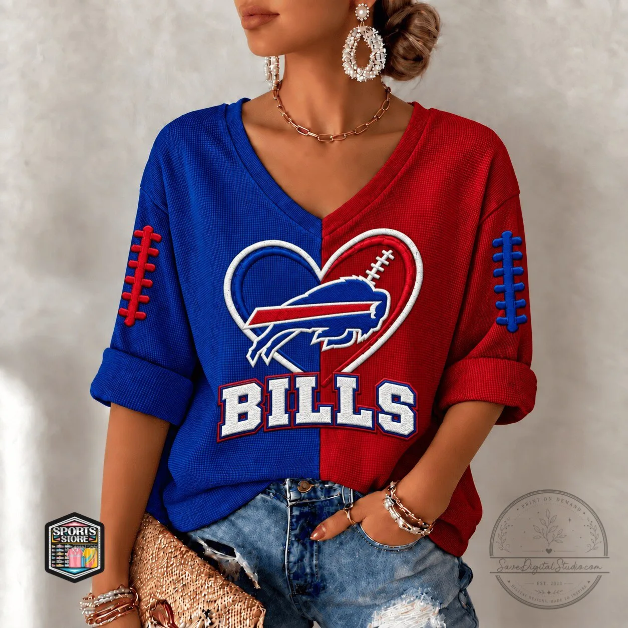 Buffalo Bills Football Team Heart Logo Split Color V-Neck Short Sleeve T-Shirt 1 Buffalo Bills Football Team Heart Logo Split Color V-Neck Short Sleeve T-Shirt