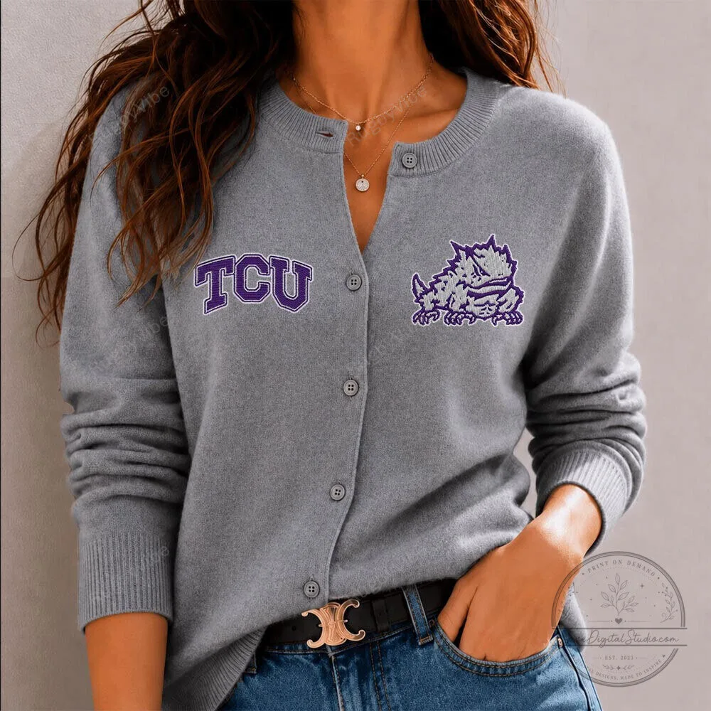 Texas Christian University Horned Frogs NCAA Logo Gray Cardigan Sweater 1 Texas Christian University Horned Frogs NCAA Logo Gray Cardigan Sweater