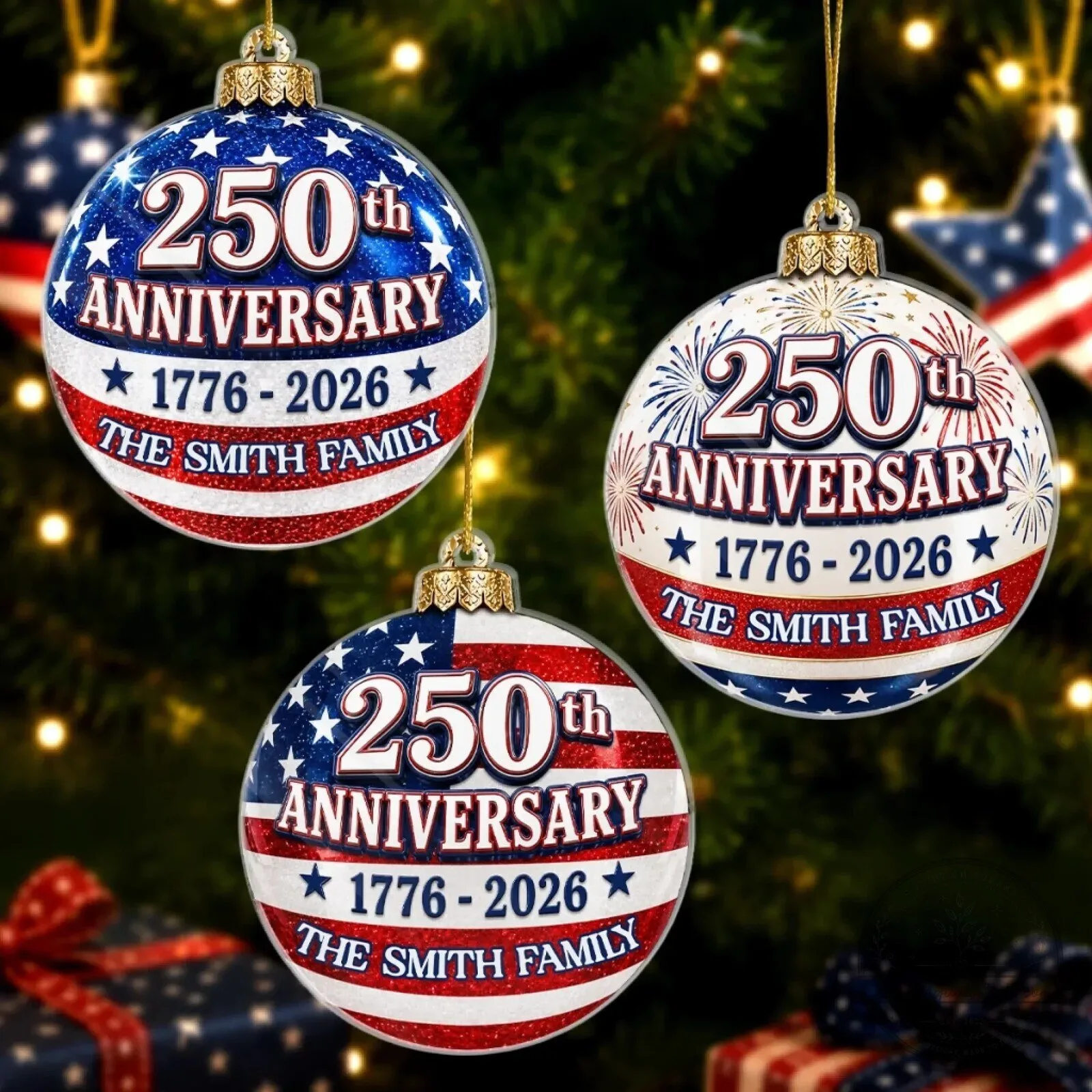 250th Anniversary 1776-2026 Personalized Family Name Christmas Ornament 8 250th Anniversary 1776-2026 Personalized Family Name Christmas Ornament