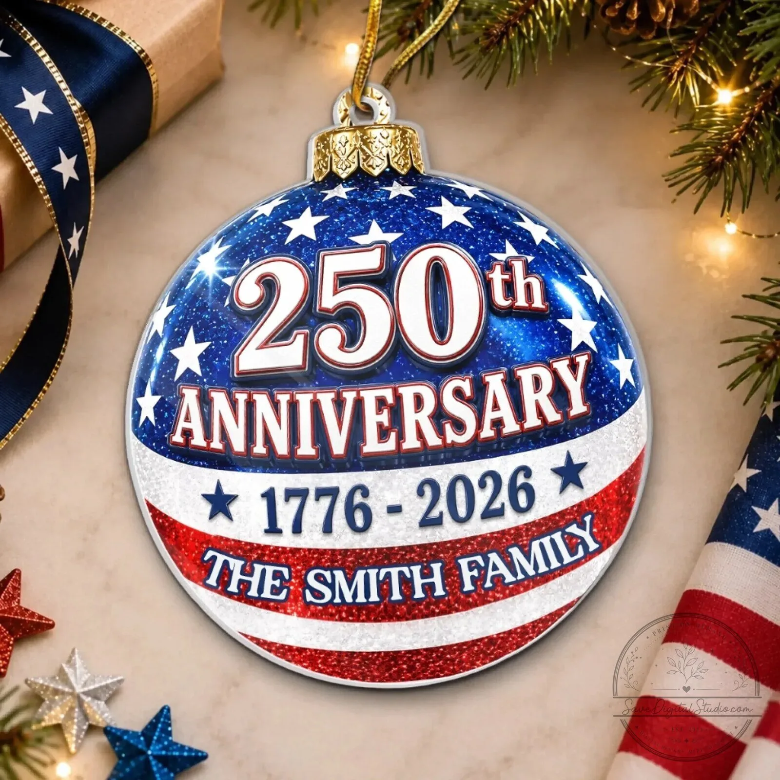 250th Anniversary 1776-2026 Personalized Family Name Christmas Ornament 11 250th Anniversary 1776-2026 Personalized Family Name Christmas Ornament
