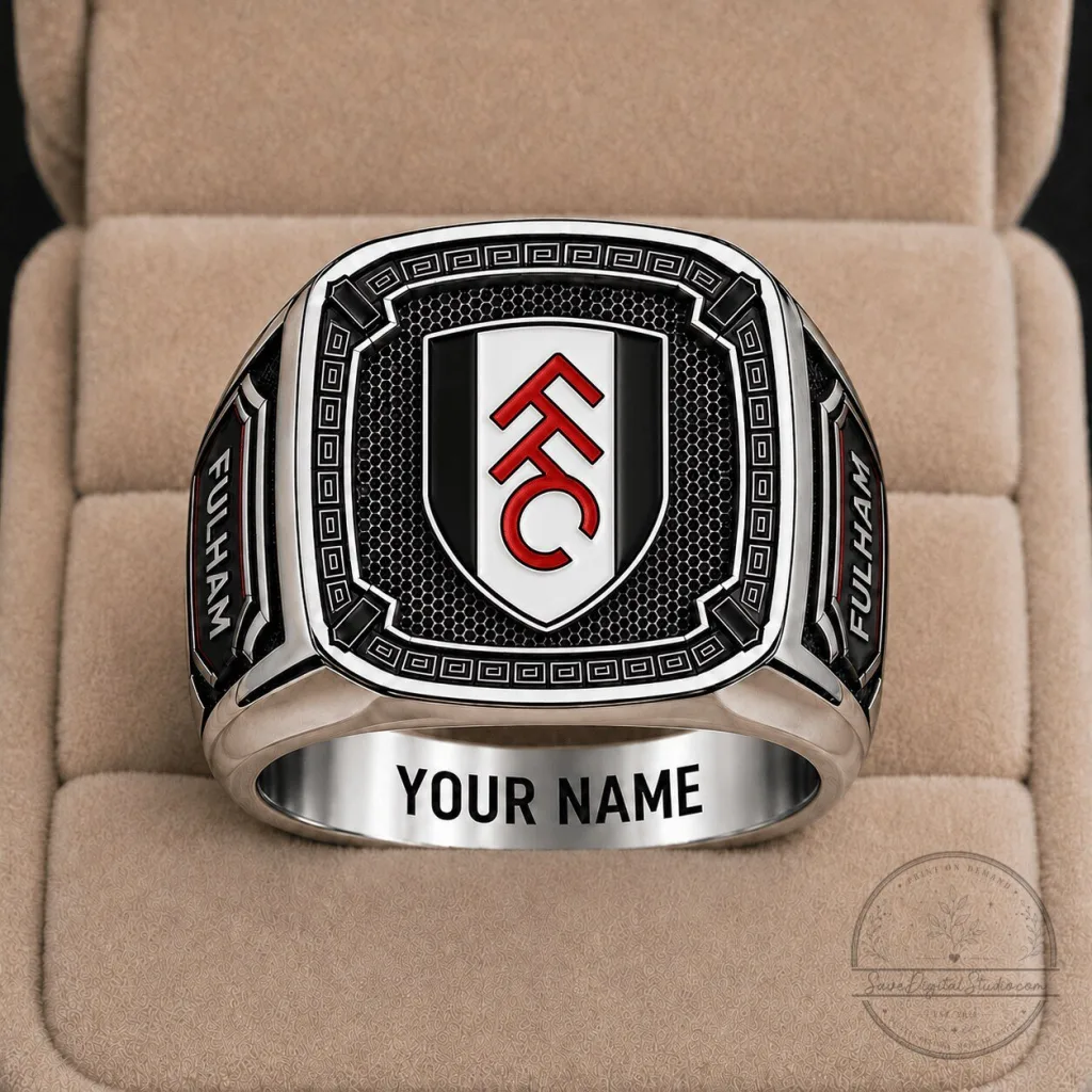 Fulham Football Club Crest Custom Engraved Silver Tone Ring for Men Fulham Football Club Crest Custom Engraved Silver Tone Ring for Men