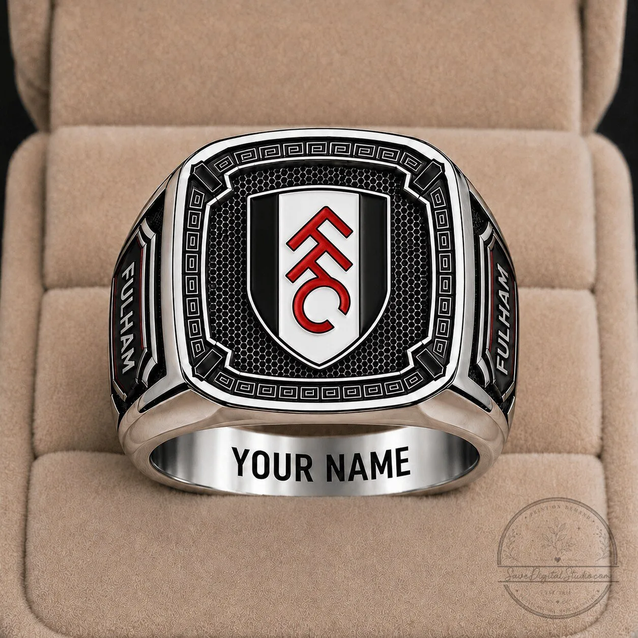 Fulham Football Club Crest Custom Engraved Silver Tone Ring for Men 1 Fulham Football Club Crest Custom Engraved Silver Tone Ring for Men