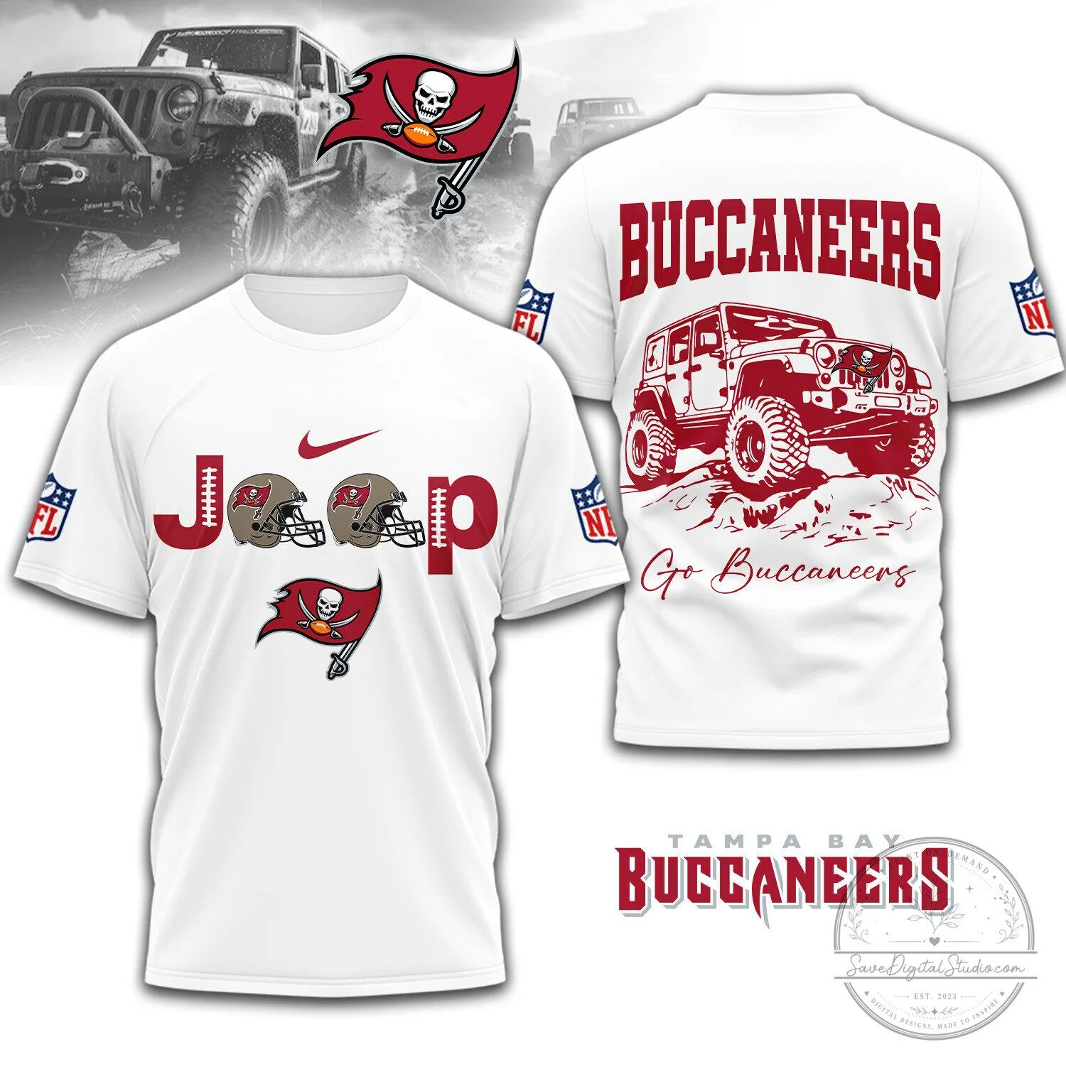 Tampa Bay Buccaneers Jeep Off-Road NFL Football Fan White T-Shirt 1 Tampa Bay Buccaneers Jeep Off-Road NFL Football Fan White T-Shirt