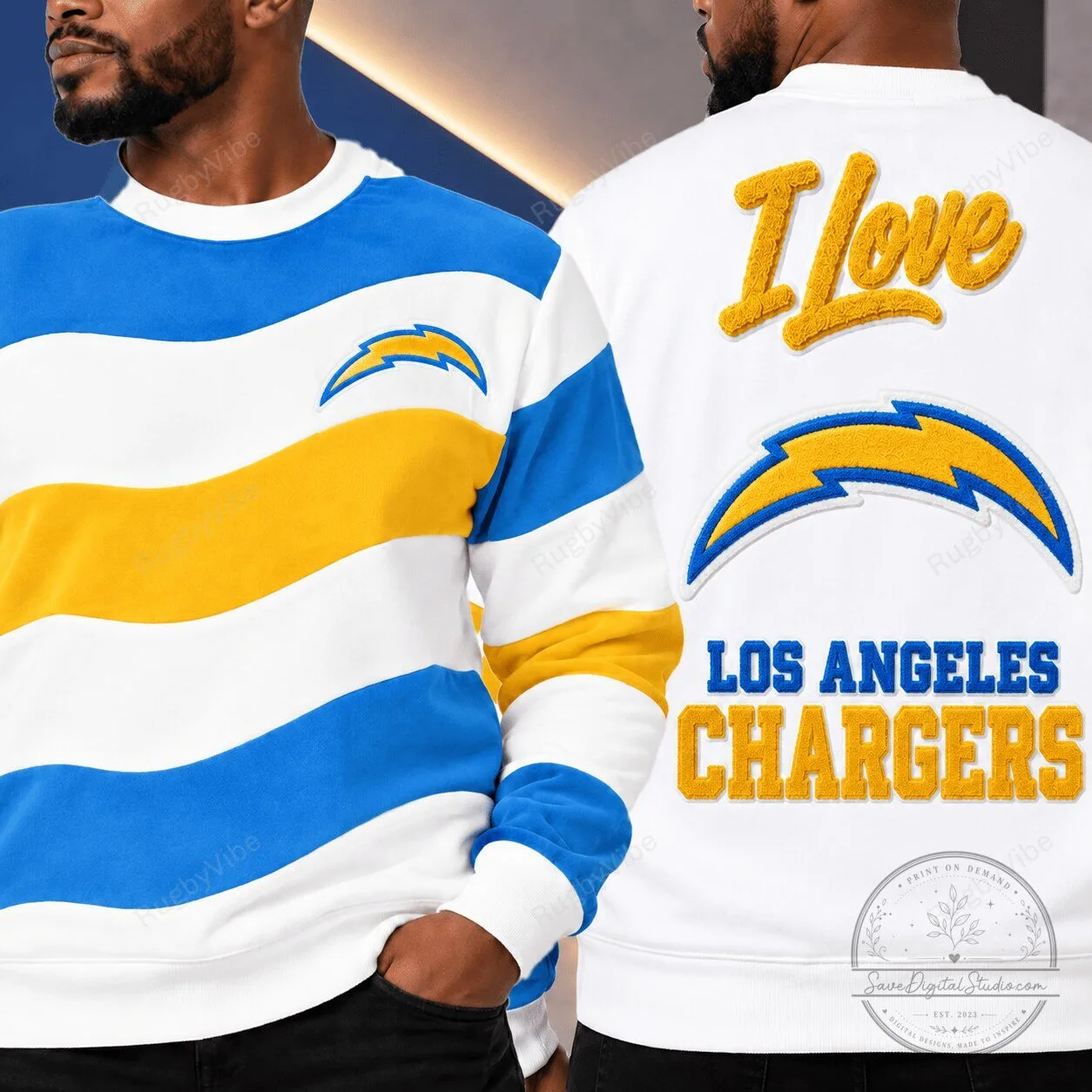 Los Angeles Chargers Football Team Striped Crewneck Sweatshirt
