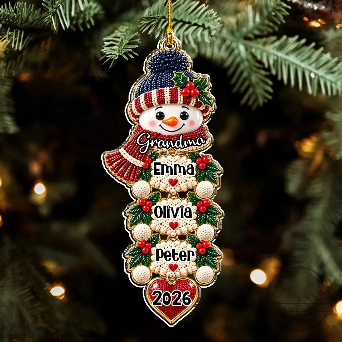Personalized Snowman Family Christmas Tree Ornament with Grandkids Names