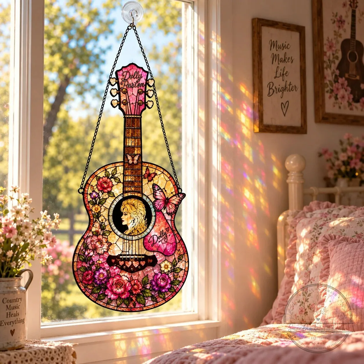 Dolly Parton Stained Glass Guitar Suncatcher Window Decor 4 Dolly Parton Stained Glass Guitar Suncatcher Window Decor