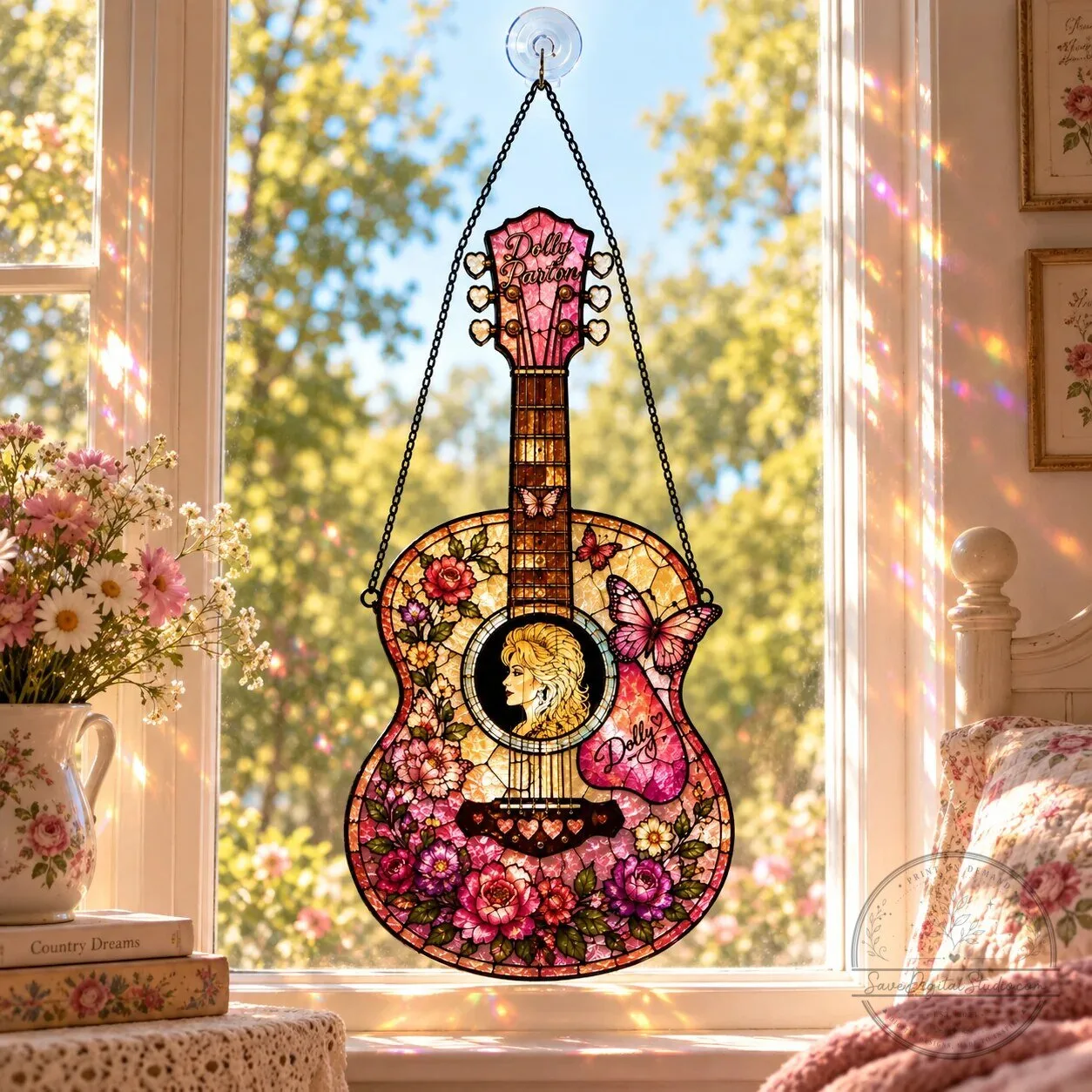 Dolly Parton Stained Glass Guitar Suncatcher Window Decor 6 Dolly Parton Stained Glass Guitar Suncatcher Window Decor