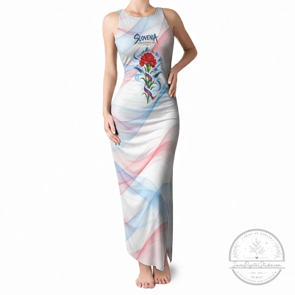 Patriotic Maxi Dress Featuring Mount Triglav Flag and Red Carnation for Slovenia Independence Day