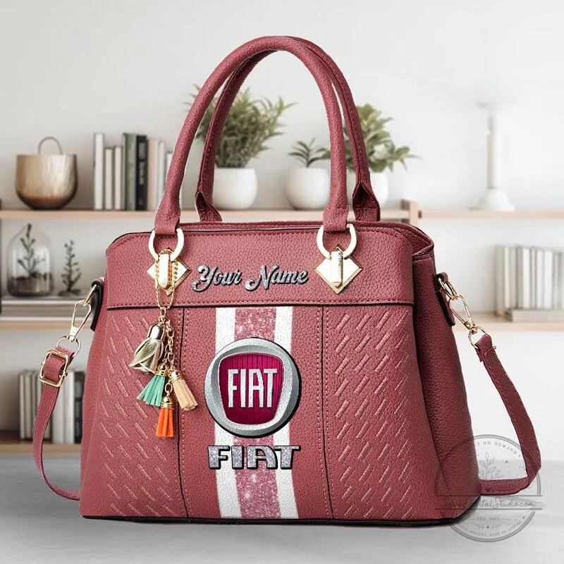 Fiat Car Logo Personalized Name Black Leather Women's Handbag 19 Fiat Car Logo Personalized Name Black Leather Women