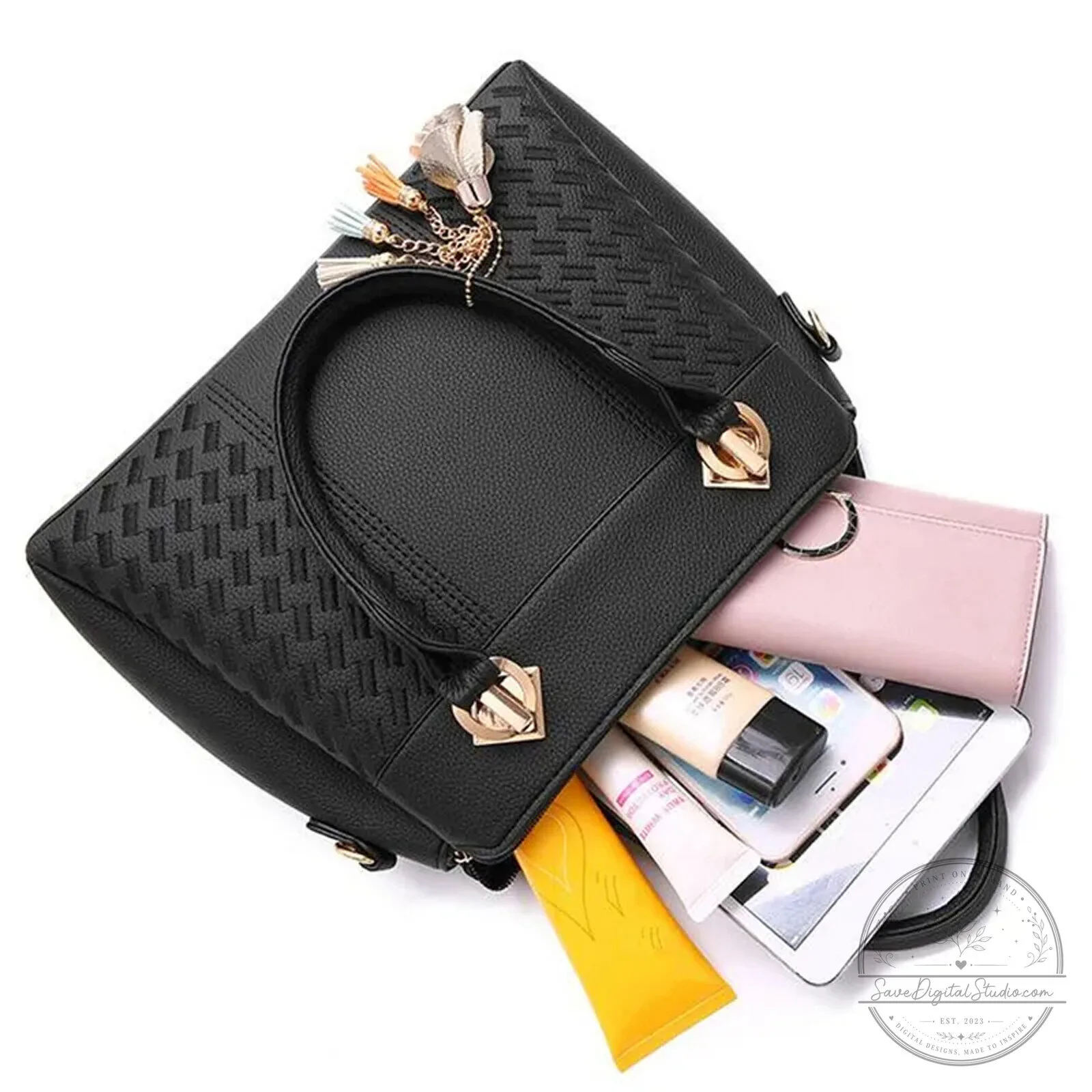 Fiat Car Logo Personalized Name Black Leather Women's Handbag 23 Fiat Car Logo Personalized Name Black Leather Women