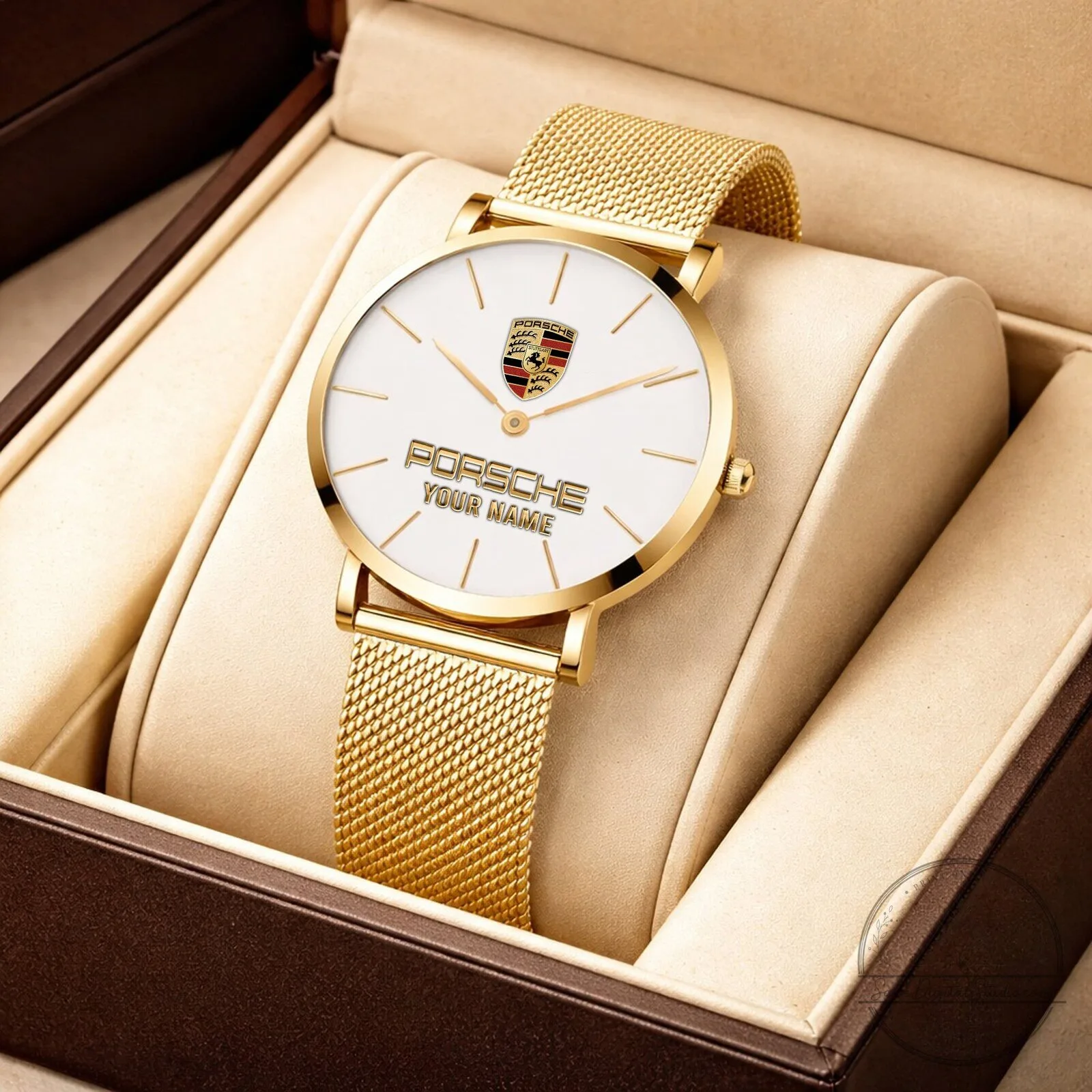 Porsche Custom Name Gold Mesh Band Watch for Women