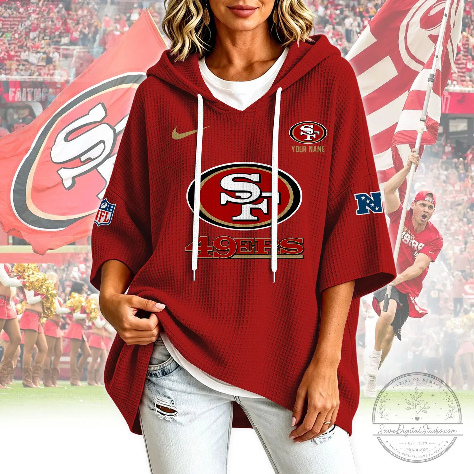 San Francisco 49ers NFL Team Logo Red Short Sleeve Hoodie for Women 1 San Francisco 49ers NFL Team Logo Red Short Sleeve Hoodie for Women