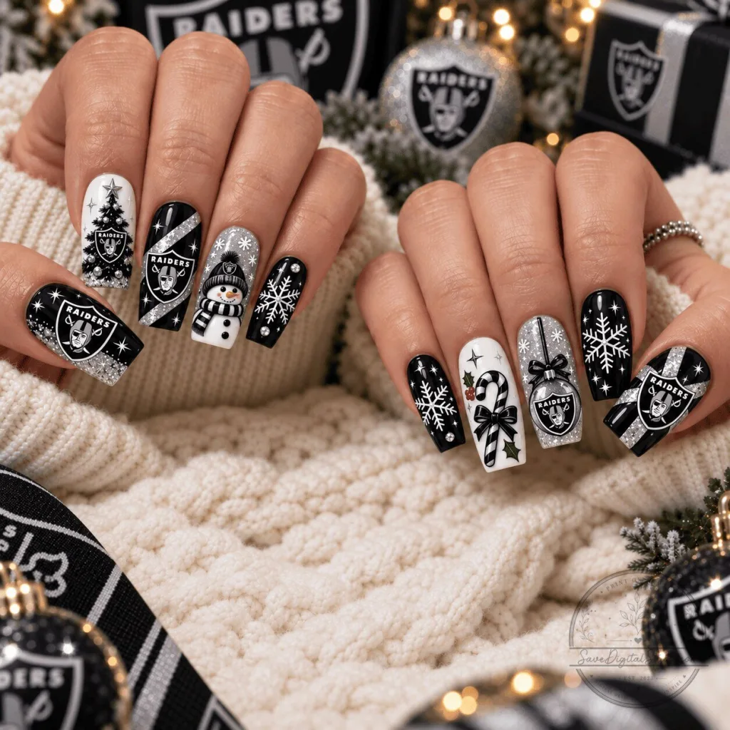 Las Vegas Raiders Christmas Spirit Press On Nails Set with Holiday Designs Las Vegas Raiders Christmas Spirit Press On Nails Set with Holiday Designs